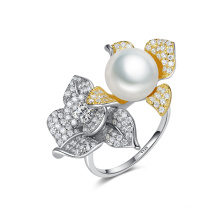 High Quality Flower Gold Plated S925 Silver CZ Freshwater Pearl Ring